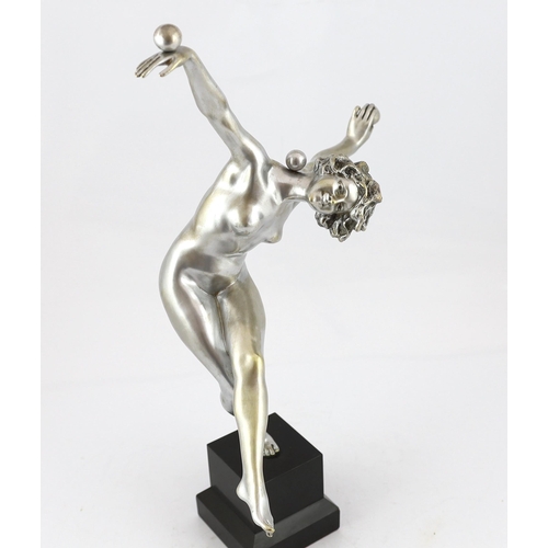 44 - Attributed to Claire Colinet, an Art Deco silvered bronze figure of a nude acrobatic dancer, signed ... 