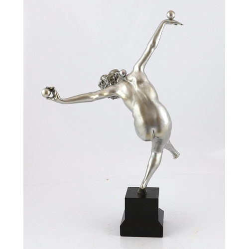 44 - Attributed to Claire Colinet, an Art Deco silvered bronze figure of a nude acrobatic dancer, signed ... 