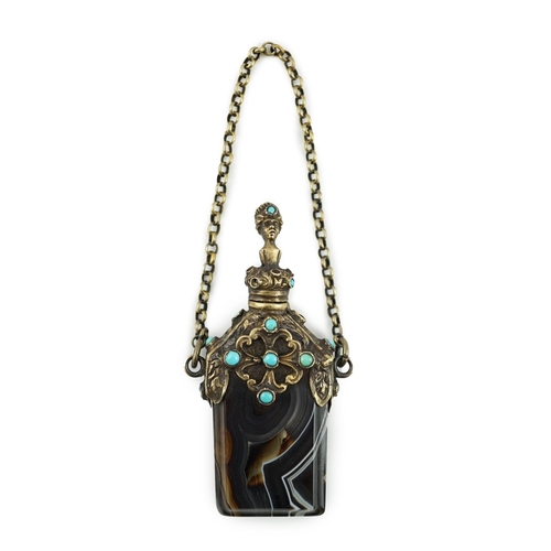 450 - A 19th century continental gilt metal and turquoise cabochon set banded agate scent bottle, with sus... 