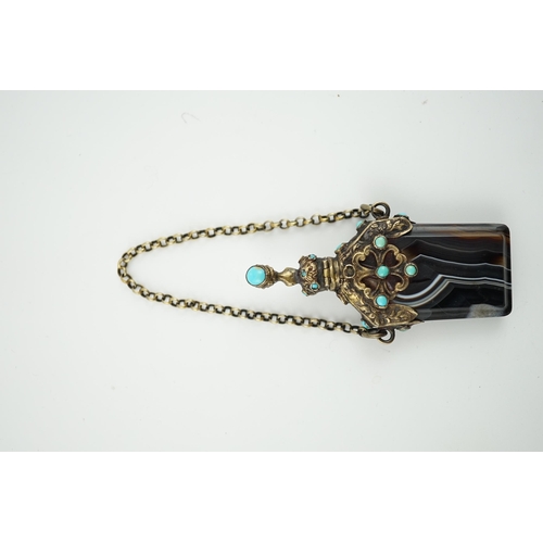 450 - A 19th century continental gilt metal and turquoise cabochon set banded agate scent bottle, with sus... 