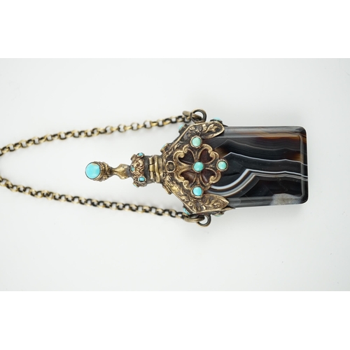 450 - A 19th century continental gilt metal and turquoise cabochon set banded agate scent bottle, with sus... 