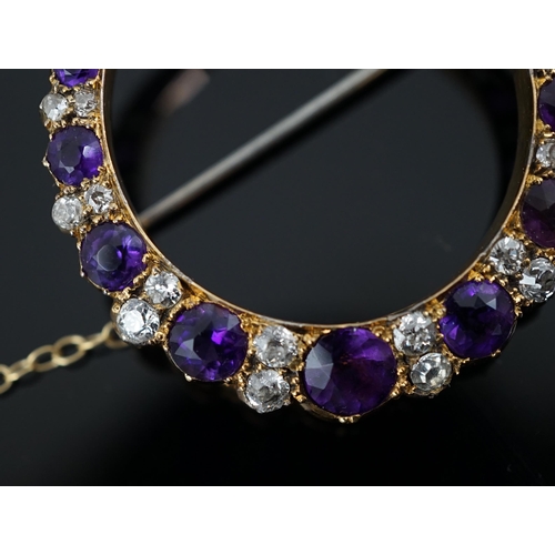 453 - A late Victorian gold, graduated amethyst and diamond cluster set crescent brooch, 33mm, with safety... 