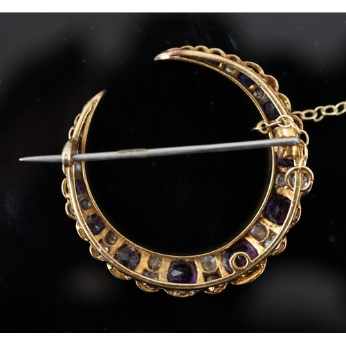 453 - A late Victorian gold, graduated amethyst and diamond cluster set crescent brooch, 33mm, with safety... 