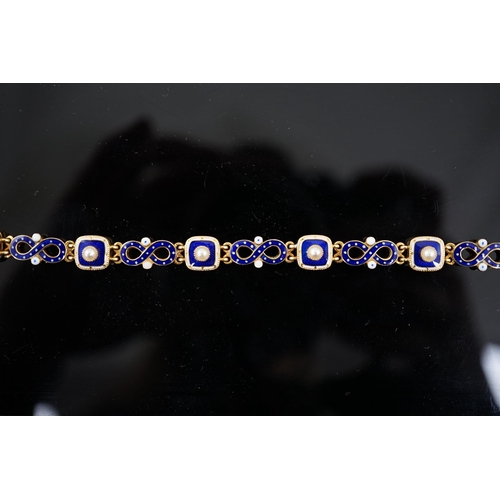 459 - An early 20th century gold (tests as 18ct), two colour enamel and spilt pearl set bracelet, with squ... 