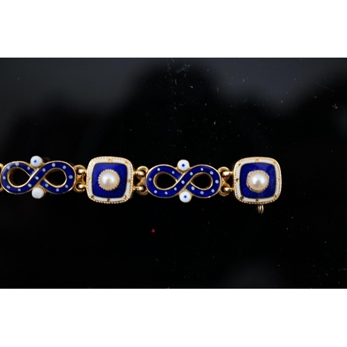 459 - An early 20th century gold (tests as 18ct), two colour enamel and spilt pearl set bracelet, with squ... 