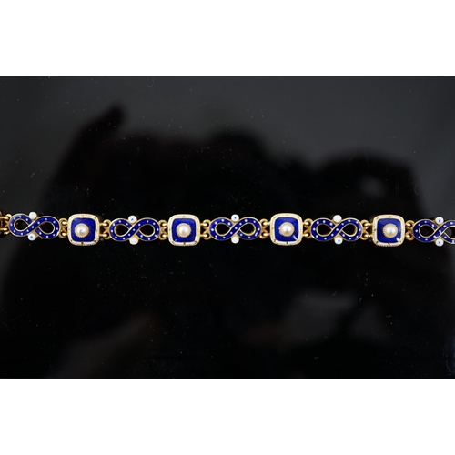 459 - An early 20th century gold (tests as 18ct), two colour enamel and spilt pearl set bracelet, with squ... 