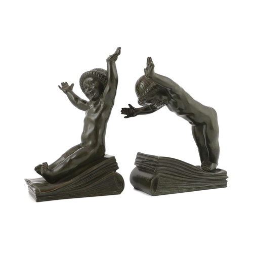 46 - Claude (Claude-Marie Devenet 1851-1931), a pair of French Art Deco bronze bookends, Marcel Guillemar... 