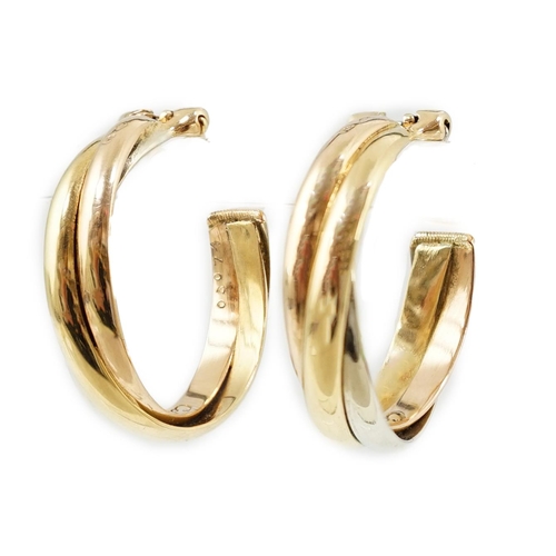 505 - A pair of French Cartier three colour 18ct gold interwoven hoop ear clips, signed and numbered 03074... 