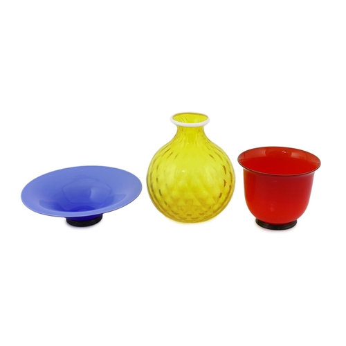 54 - Three Venini multi coloured glass vessels, 1980's, comprising a yellow honeycomb moulded vase with w... 