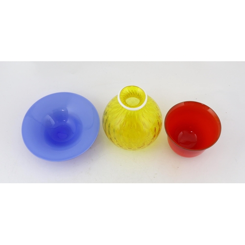 54 - Three Venini multi coloured glass vessels, 1980's, comprising a yellow honeycomb moulded vase with w... 