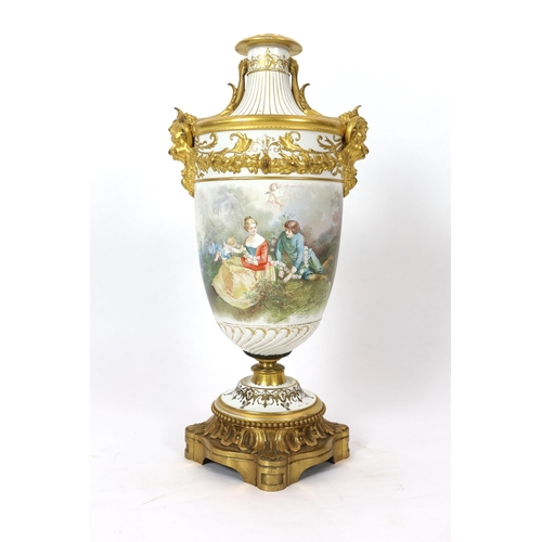 59 - A large French porcelain and ormolu mounted vase, late 19th century, painted with courting couples i... 