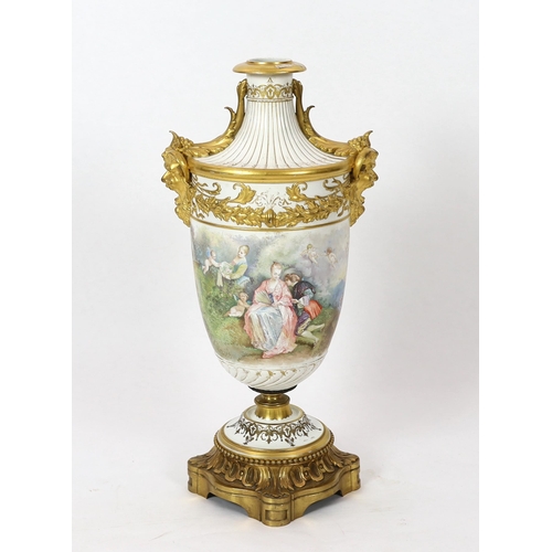 59 - A large French porcelain and ormolu mounted vase, late 19th century, painted with courting couples i... 