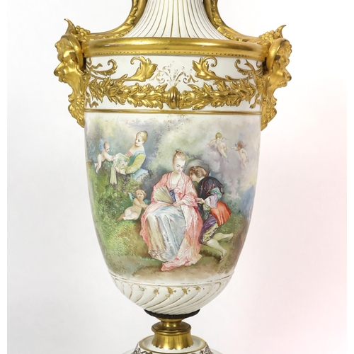 59 - A large French porcelain and ormolu mounted vase, late 19th century, painted with courting couples i... 