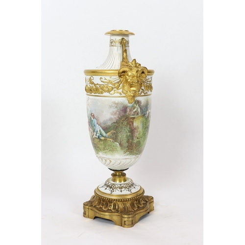 59 - A large French porcelain and ormolu mounted vase, late 19th century, painted with courting couples i... 