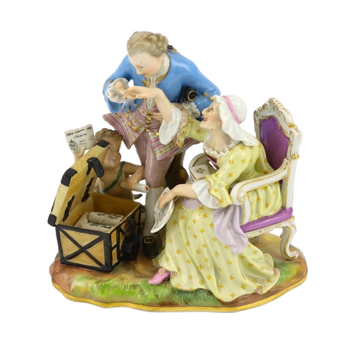 62 - A Meissen group of an old woman and her young lover, 19th century, the lady seated on a chair beside... 