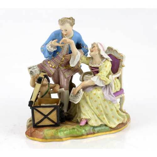 62 - A Meissen group of an old woman and her young lover, 19th century, the lady seated on a chair beside... 