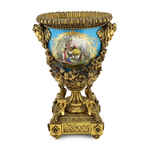 63 - An impressive French Sevres style porcelain and ormolu mounted pedestal vase, 19th century, finely p... 