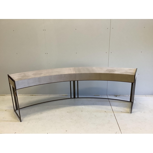 2011 - A Decca Furniture curved sofa console table in faux shagreen, 215cm, depth 40cm, height 66cm