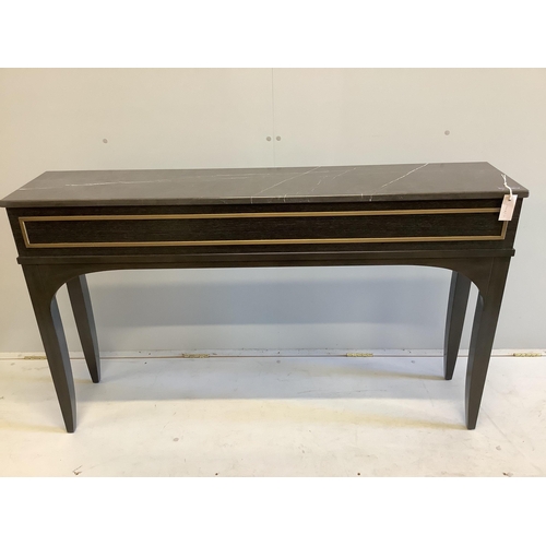 2031 - A custom made Decca Furniture black walnut console table with Livra marble top, width 140cm, depth 3... 