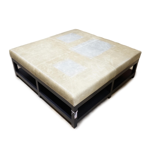 2033 - A custom made Bray Design square ottoman stool with Altfield Moore Domaine Cloud Grey leather top, 1... 