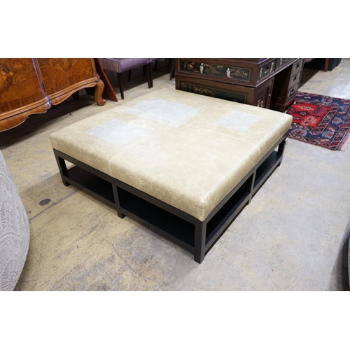 2033 - A custom made Bray Design square ottoman stool with Altfield Moore Domaine Cloud Grey leather top, 1... 