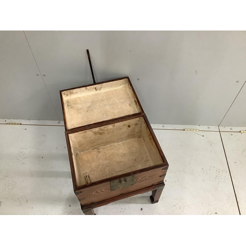 2109 - A Chinese brass mounted elm box on stand, width 42cm, depth 32cm, height 59cm