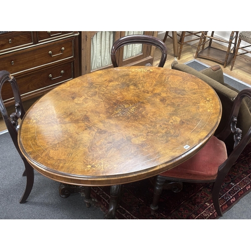 2118 - A Victorian inlaid burr walnut oval tilt top loo table, width 134cm, depth 102cm, height 71cm