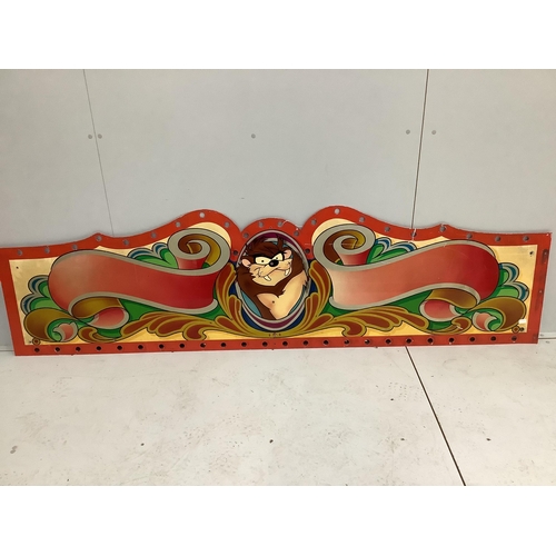 2127 - A vintage painted metal 'Taz' fairground panel, width 226cm, height 62cm