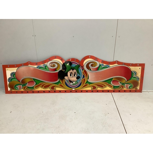 2128 - A vintage painted metal 'Minnie Mouse' fairground panel, width 226cm, height 62cm