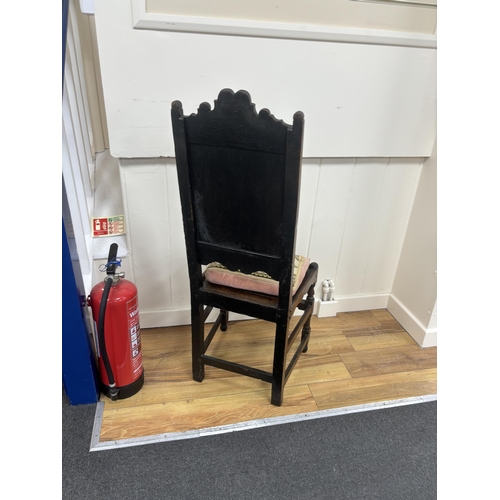 2140 - A William III oak backstool, late 17th century, width 44cm, depth 38cm, height 140cm