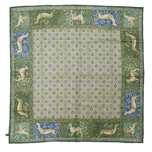 2261 - Two Holland and Holland animal print silk scarves, one with green, cream and blue tones, the other p... 