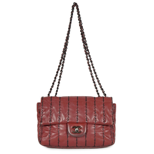 2266 - ** ** A Chanel Classic Jumbo Flap burgundy lambskin quilted shoulder bag, with pinstripe stitching, ... 