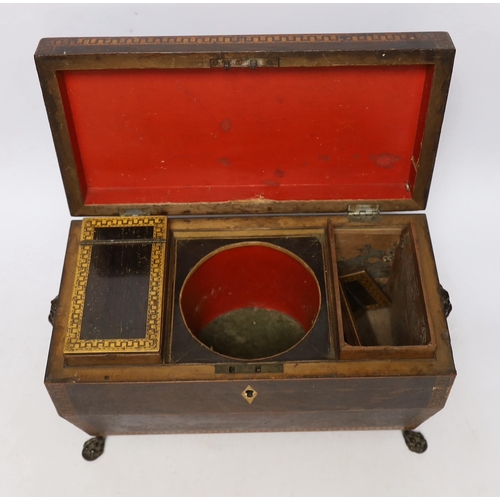 A Regency inlaid rosewood tea caddy, with two canisters, gilt brass ...