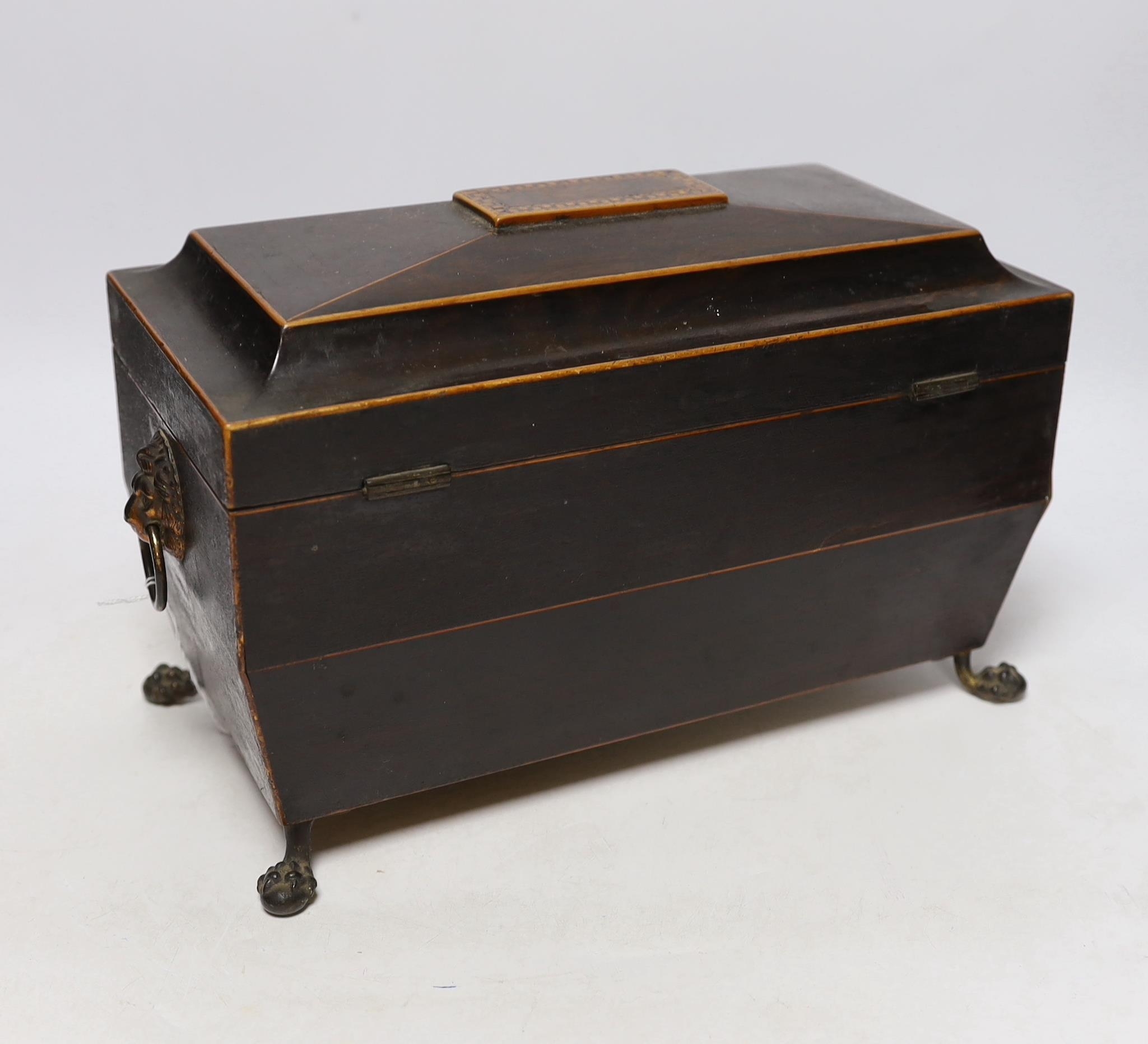 A Regency inlaid rosewood tea caddy, with two canisters, gilt brass ...