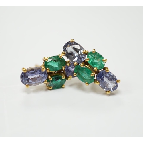 2990 - A modern pair of 18ct gold, two stone emerald and two stone sapphire set ear studs, 15mm by 7mm, gro... 