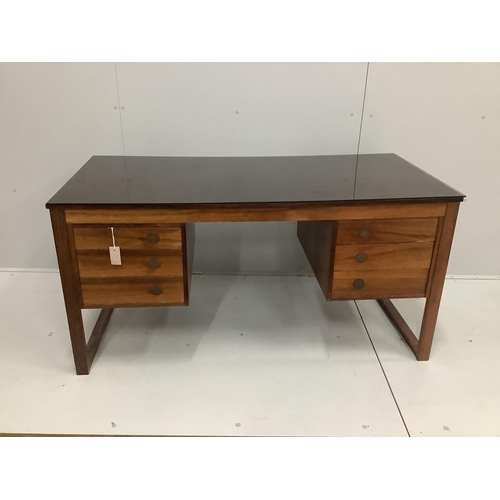 1020 - A mid century Danish Dyrlund Indian rosewood kneehole desk, width 145cm, depth 69cm, height 72cm... 