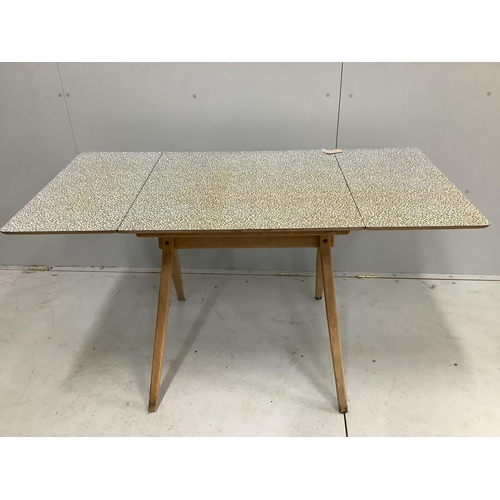 1026 - A mid century oak and melamine drop flap dining table, width 70cm, depth 68cm, height 73cm together ... 