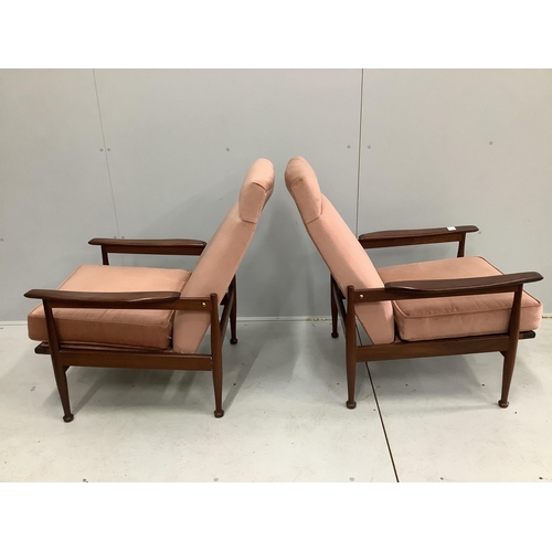 1031 - A pair of mid century Danish design teak reclining armchairs, width 68cm, depth 85cm, height 90cm... 