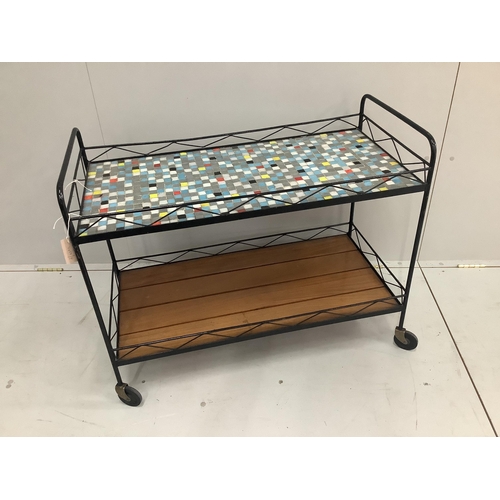 1037 - A 1960's tiled top and teak wrought iron two tier tea trolley, width 90cm, depth 43cm, height 72cm... 