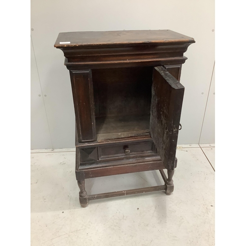 1055 - An 18th century oak spice cabinet, on later stand, width 58cm, depth 33cm, height 93cm