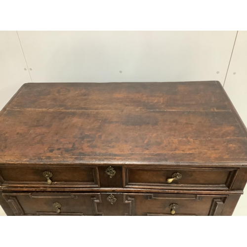 1064 - An early 18th century and later oak two part chest, width 96cm, depth 53cm, height 97cm