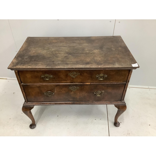 1077 - A Queen Anne banded walnut two drawer chest, adapted from a stand, width 96cm, depth 56cm, height 80... 