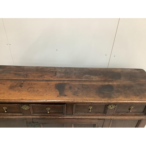 1123 - A small 18th century oak low dresser, width 152cm, depth 46cm, height 87cm