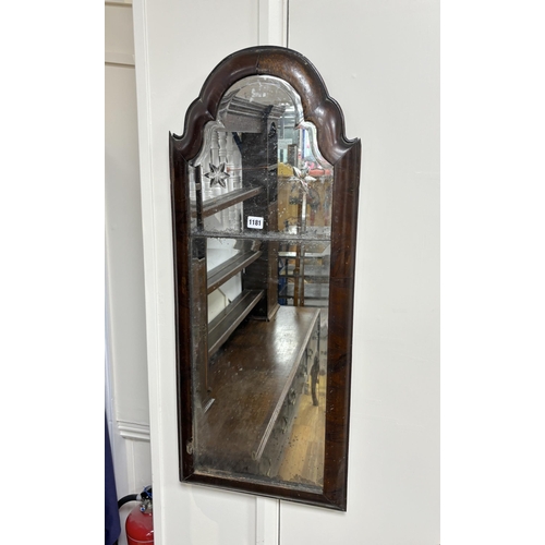 1181 - An early 18th century walnut cushion framed wall mirror, width 38cm, height 90cm