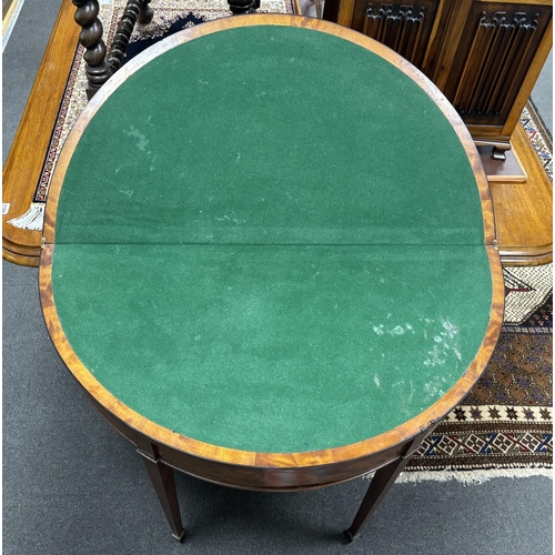 1186 - A George III satinwood D shape folding card table, width 92cm, depth 46cm, height 77cm