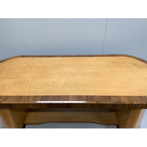 1191 - An Art Deco walnut banded satinwood dining or centre table, width 220cm, depth 98cm, height 80cm... 