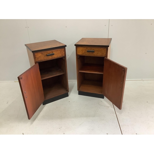 1202 - A pair of Art Deco style walnut bedside cabinets, width 41cm, depth 37cm, height 75cm