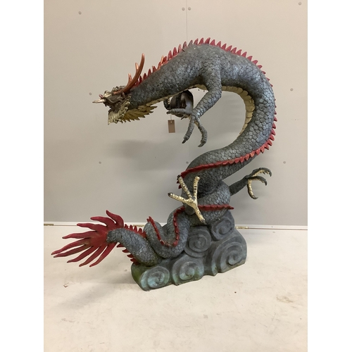 1205 - A Chinese style painted bronze dragon and pearl garden fountain, height 118cm