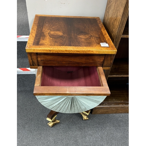 1210 - A George IV square rosewood and satinwood banded sewing table, 46cm, height 81cm