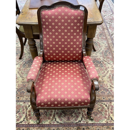 1212 - A Victorian mahogany framed armchair, width 61cm, depth 62cm, height 94cm